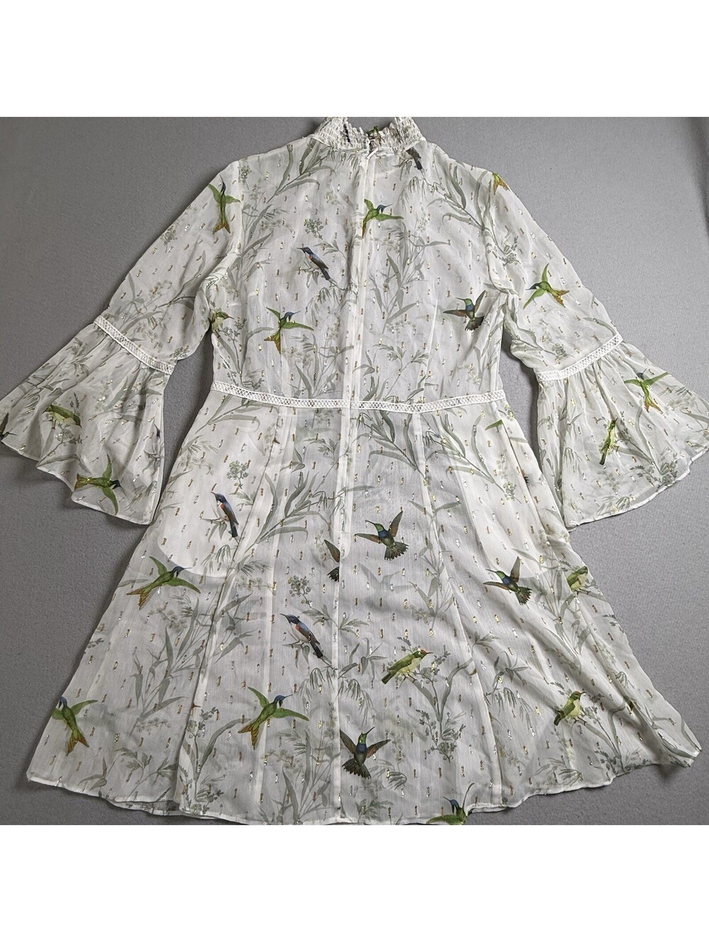 Ted Baker Andray Bird Print Ruffle Dress Sheer Fairy US 6 -8 No Slip Fortune - Picture 2 of 9